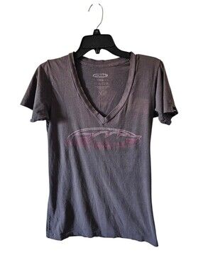 FMF Racing Womens V-Neck Graphic T-Shirt Medium Charcoal Gray Pink Logo Moto